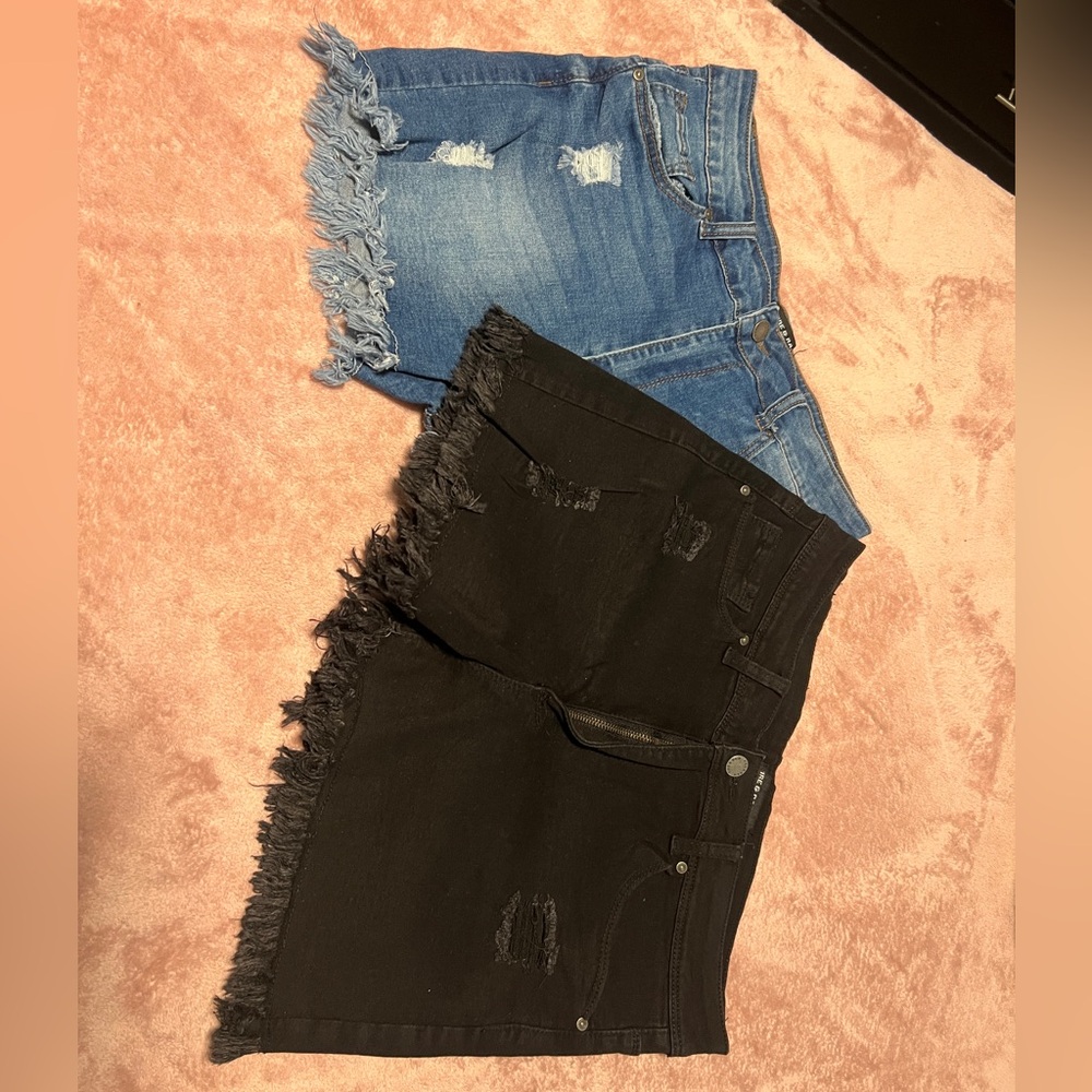 Frayed Denim Shorts Set - Blue and Black